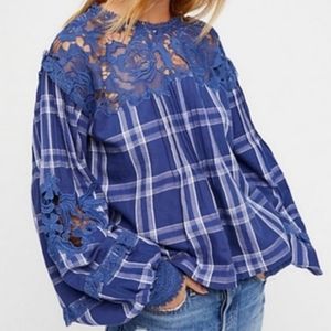 New $128 FREE PEOPLE Darling Diana Lantern Sleeve Plaid top Lace S NWT